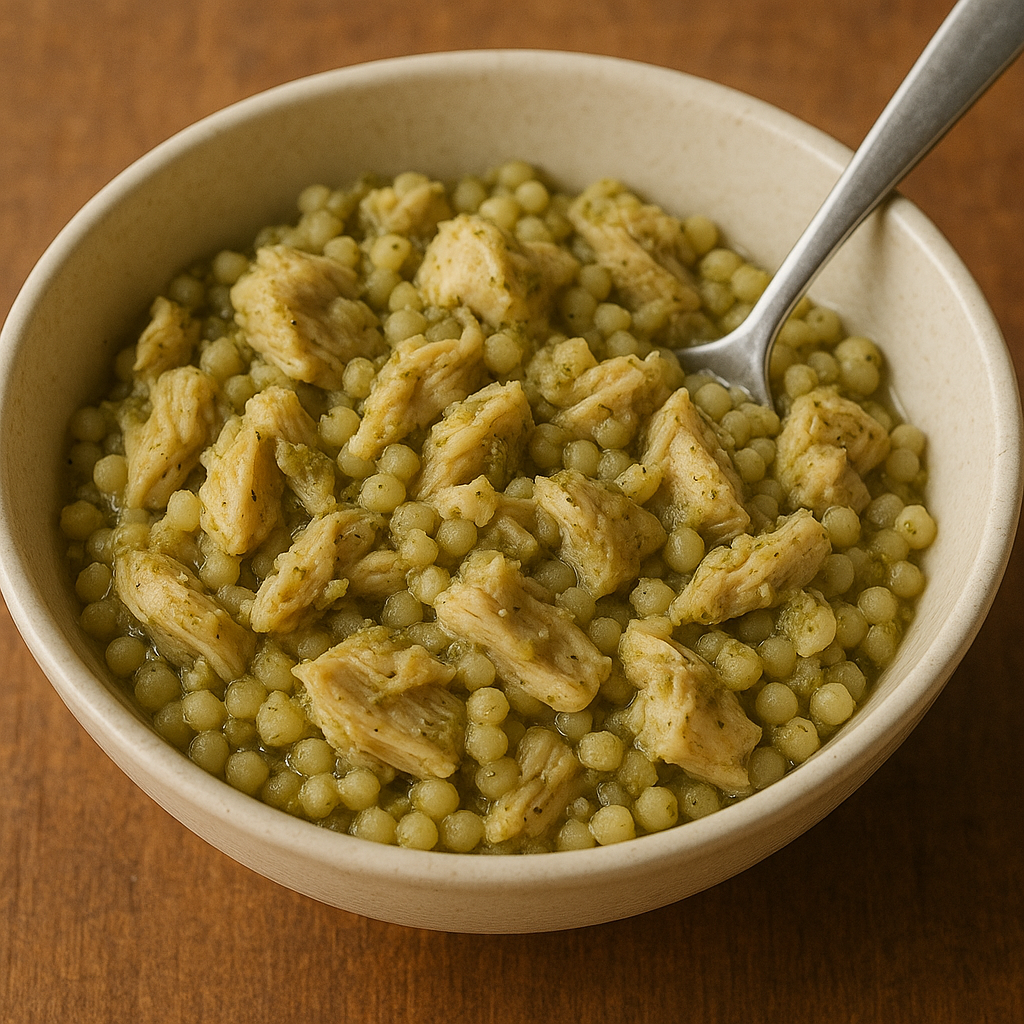 Pesto chicken served over cous cous with vegetables